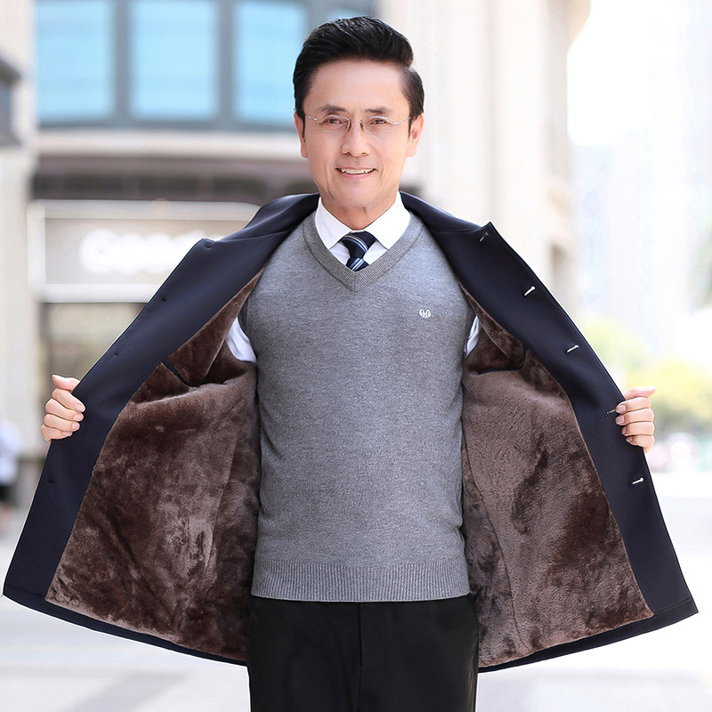 中年男士夹克秋冬加绒加厚翻领爸爸冬装外套中老年人商务休闲上衣