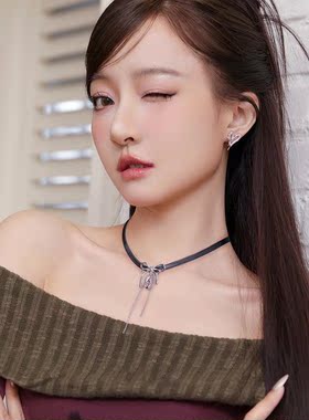 LUYUO黑色秘境蝴蝶结流苏项链甜酷辣妹颈链小众设计感锁骨链女