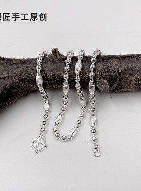 谢家银匠99银橄榄球男女项链   99足银圆珠项链珠子链