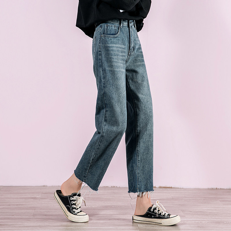 牛仔阔腿裤宽松九分小个子直筒裤子 乐束牛仔裤