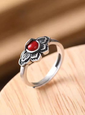 暹罗古韵哑光复古亚光指环足银925蝴蝶女款莲花天然南红开口戒指