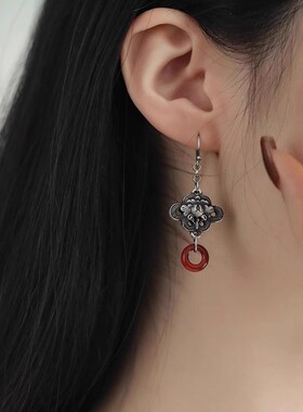 原创S925银牡丹花南红玛瑙耳环女新中式高级感婚庆复古国风耳饰