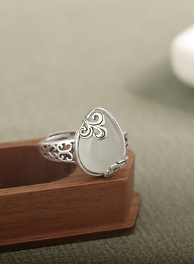 牡丹花玛瑙水滴戒指女复古做旧新中式民族风活口可调节食指指环