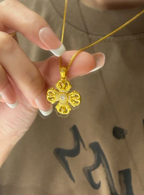 古法黄金色十字架金刚杵项链女轻奢百搭高级镶嵌点钻四叶草锁骨链
