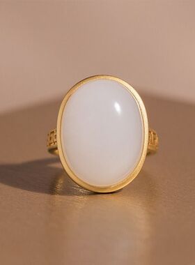 原创设计世间臻宝古法金镶嵌天然和田羊脂白玉S925戒指女款尾戒指