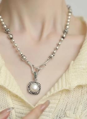 925银皇冠圆珠珍珠吊坠双钩子新中式项链民族风感毛衣锁骨链国风