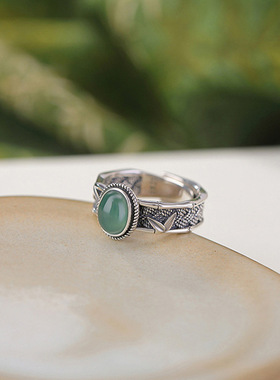 复古做旧蛋面戒指女士竹叶编织开口指环蓝手饰简约高级感国风饰品