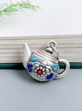 烧蓝茶壶吊坠女古韵工艺锁骨项链女复古典个性民族风汉服国潮饰品