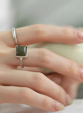 国潮复古方形竹节戒指女和田玉高级感民族风新中式国风食指指环