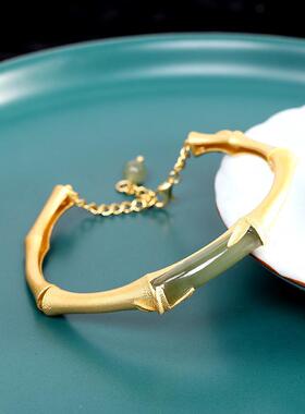 竹节款手镯女款复古镀金色和田玉开口手饰汉服旗袍国风手环首饰品