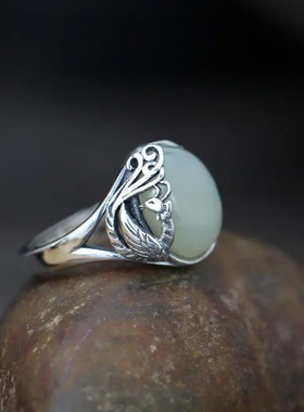 凤凰戒指女镀银食指925银指环开口设计和田玉中国风旗袍汉服饰品