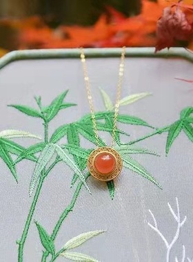 凝丹丨南红玛瑙保山冰红吊坠玉石项链古法金女锁骨链旗袍汉服饰品