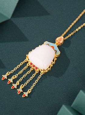 原创设计珐琅彩流苏素面吊坠女中国风古法金和田玉搭旗袍马褂配饰