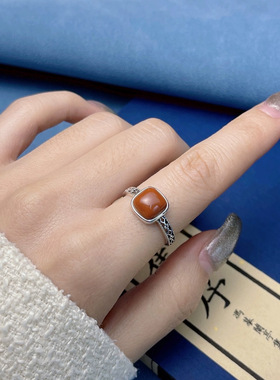 新中式复古做旧方糖戒指女小众设计镂空中国风古典开口食指指环