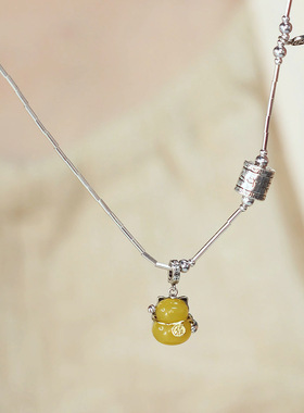 福字招财猫吊坠女新中式复古民族风仿蜜蜡项坠小众设计高级感项链