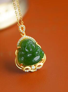精选高品质天然碧玉小弥勒笑佛吊坠镀925银鎏金项链精致简约饰品