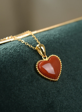 南红爱心玛瑙吊坠银项链复古金天然小红心锁骨链冷淡风轻奢礼物