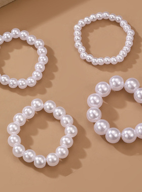 精品欧美设计简约气质潮流戒指4件套时尚复古珍珠米珠戒指