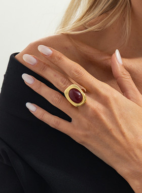 欧美精品饰品 复古夸张红色宝石开口指环 轻奢风气质几何合金戒指