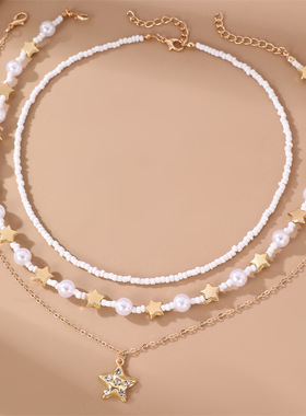精品欧美波西米亚白色米珠项链五角星珍珠三件套串珠女饰品热卖