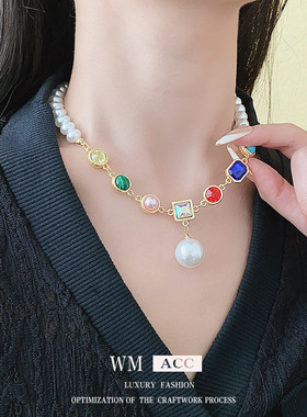 微妙彩色珍珠项链颈链女士锁骨链