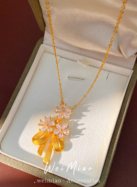24k真金电镀镶锆石花朵蝴蝶结项链轻奢小众锁骨链感精致项饰