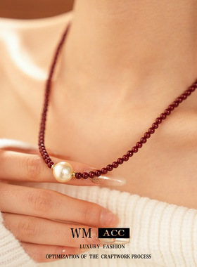 真金电镀红色串珠珍珠款项链中国风小众气质锁骨链复古感项饰