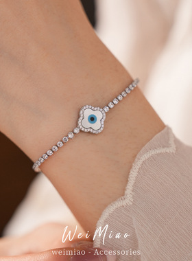 18k真金电镀锆石贝母幸运草花朵卡扣手链轻奢感手环气质手饰