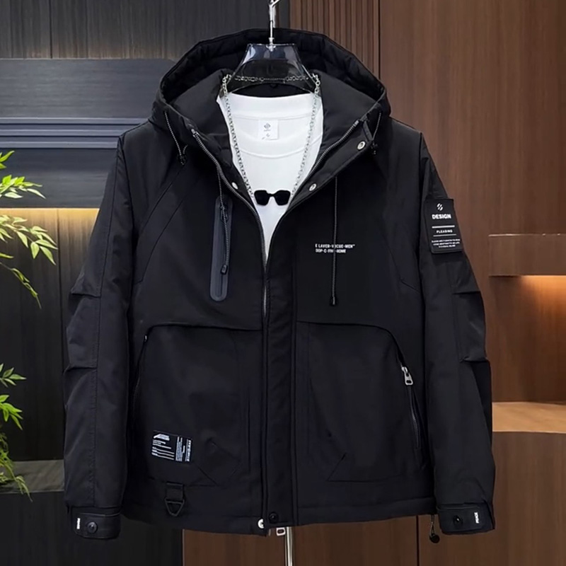 工装拼接男士连帽高品质加棉外套时尚百搭休闲保暖棉服潮流夹克 - 图1