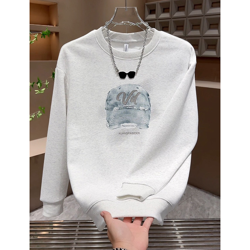 男士潮牌印花卫衣2025新款圆领休闲百搭上衣加绒保暖套头打底T恤 - 图3