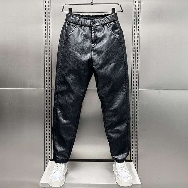 Motorcycle riding small feet thickened leather pants men's plus velvet windpants, beautiful group takeaway dry work wearing warm pants