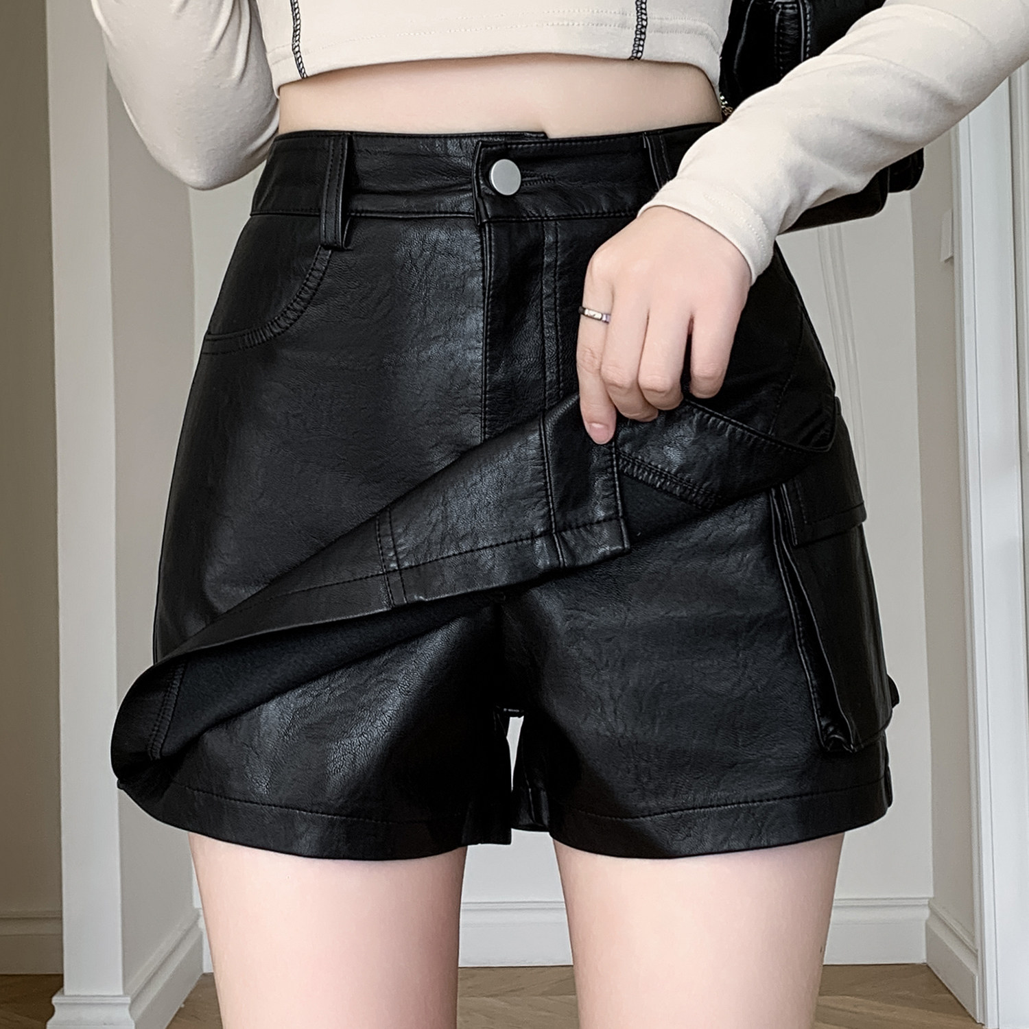 PU皮裙裤女秋冬款高腰百搭显瘦工装半身裙A字皮短裤不规则工装裤,淘宝优惠券,粉丝福利购,淘宝优惠卷