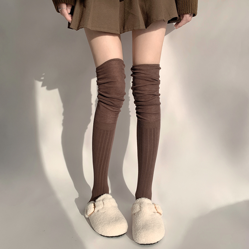 夜间教习室长筒袜女春秋款过膝拼接袜子咖色堆堆袜美拉德jk小腿袜 - 图3