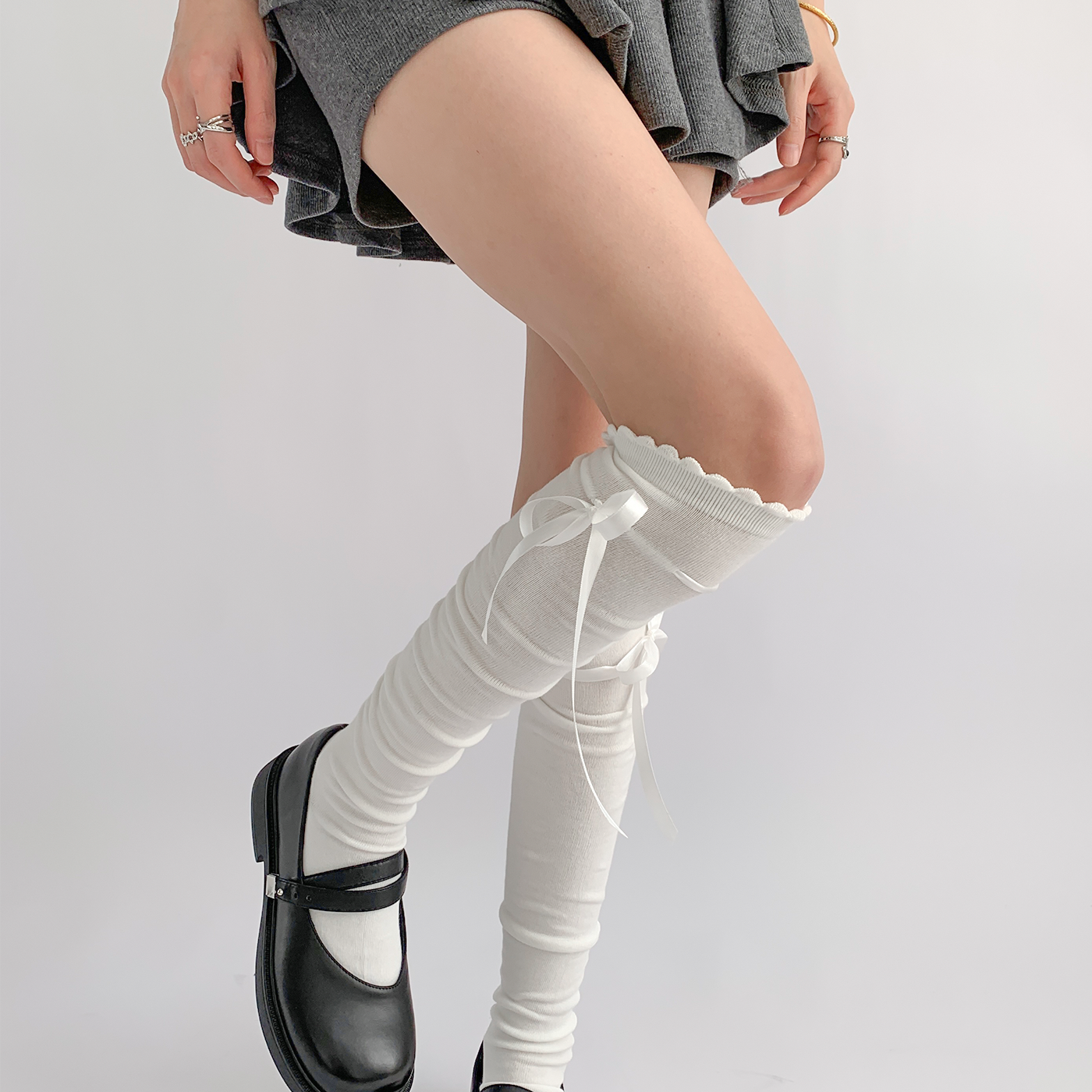 夜间教习室长筒袜女春秋过膝白色花边小腿袜洛丽塔蝴蝶结堆堆袜子,淘宝优惠券,粉丝福利购,淘宝优惠卷