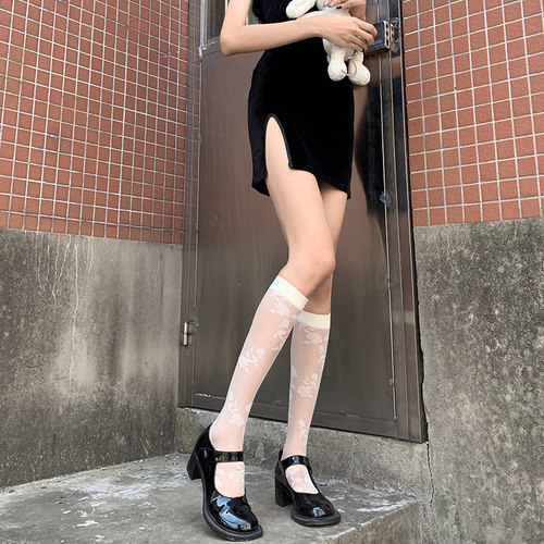 夜间教习室黑色玫瑰花丝袜女春秋jk小腿袜黑丝蕾丝性感袜子中筒袜 - 图2