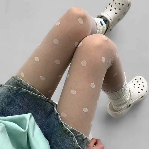 夜间教习室波点丝袜春款女高透白色连裤袜夏季防勾丝复古性感白丝 - 图0