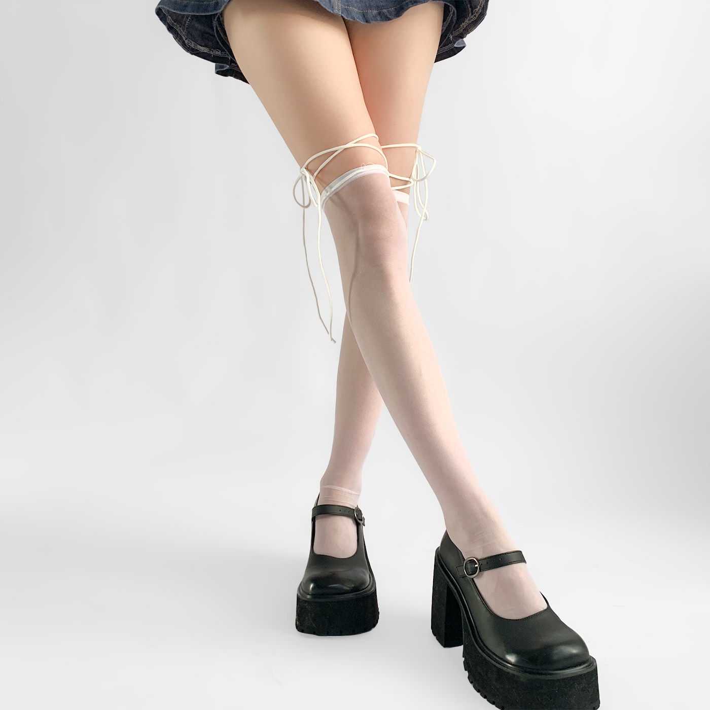 夜间教习室过膝丝袜女夏季薄款交叉绑带袜子超薄0d长筒袜性感白丝,淘宝优惠券,粉丝福利购,淘宝优惠卷