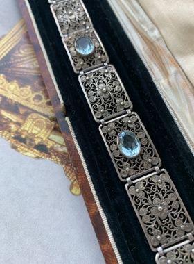 古董珠宝 835银镶嵌海蓝宝手链镂空花丝手链，长18宽1.4cm重14g