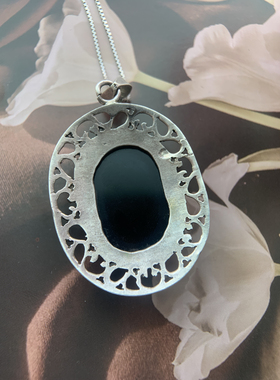 古董意大利925银镶天然材质项链，链长43cm尺寸4.1*3cm重17.8克