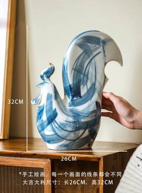 高档采工购迁产品景德镇瓷手绘青花鸡招陶财开门红，乔礼品，客厅