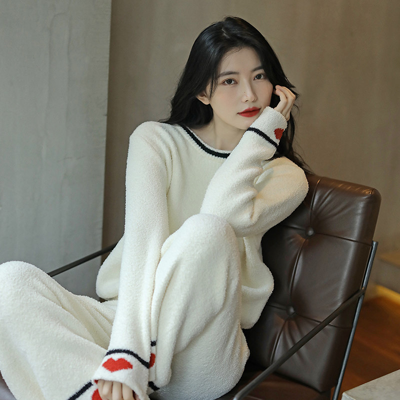 爱心珊瑚绒长袖可爱可外穿睡衣 耶臣睡衣/家居服套装