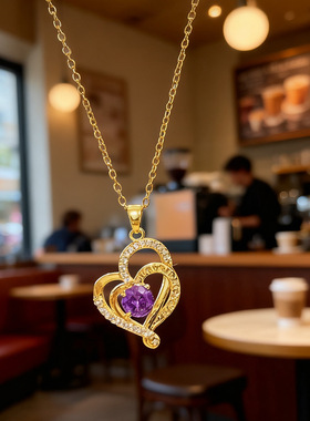 钛钢设计感心心相印双层爱心紫色水晶项链精致镂空双微镶桃心锁骨