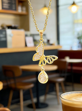 钛钢轻奢闪钻镂空蝴蝶水滴项链温柔风镶锆石小众设计感气质锁骨链