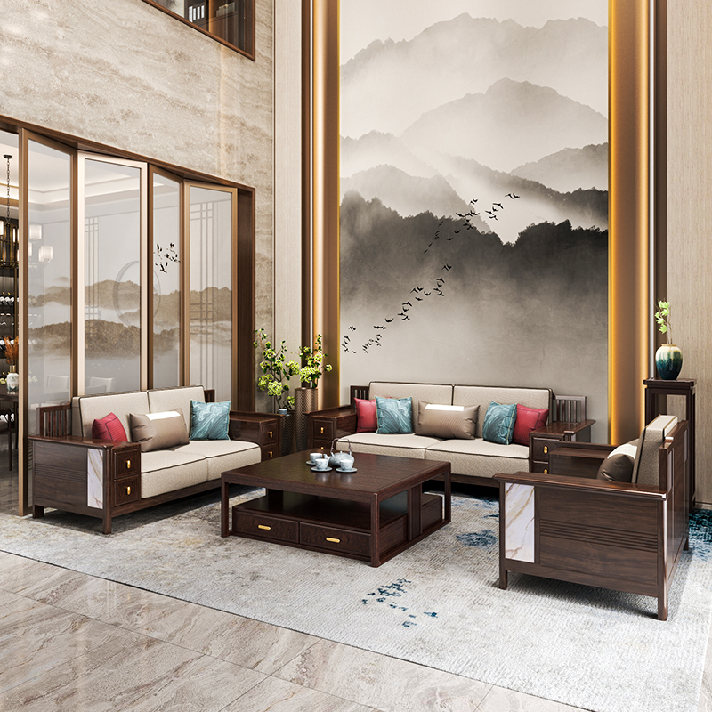 新中式全实木沙发现代高档乌金檀木别墅家具大户型客厅沙发组合-图0