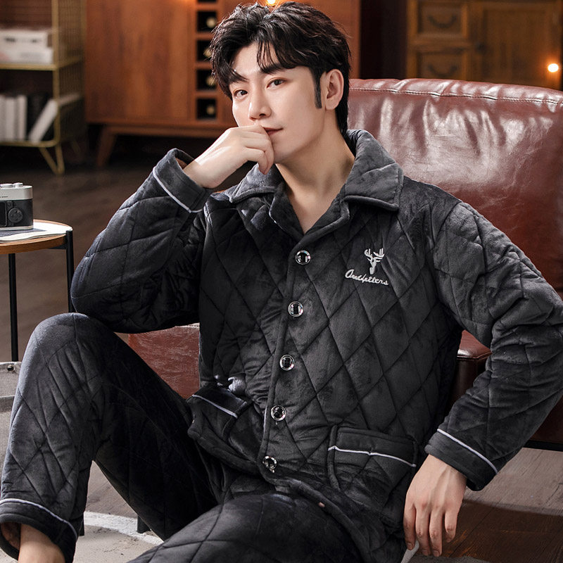 男士冬季珊瑚绒加绒三层夹棉睡衣 淘之约睡衣/家居服套装