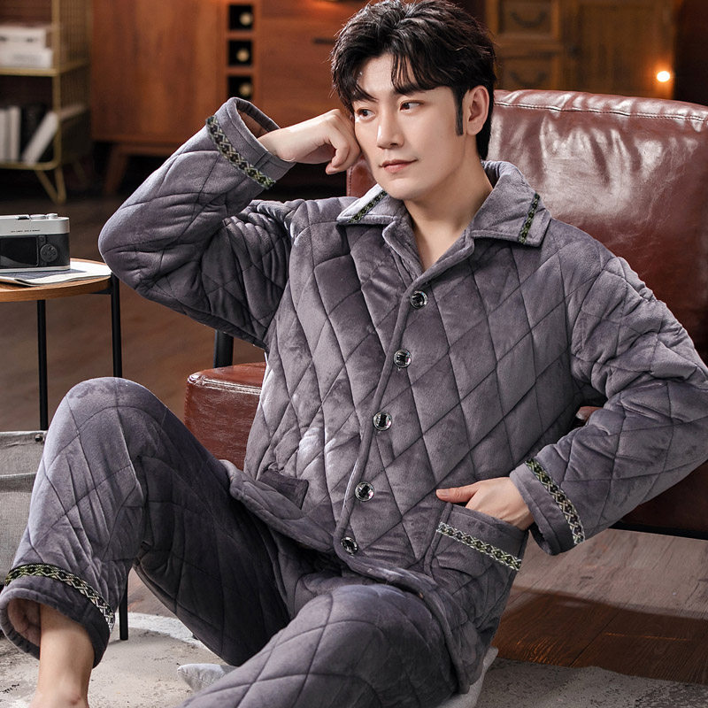 男士冬季珊瑚绒加绒三层夹棉睡衣 淘之约睡衣/家居服套装