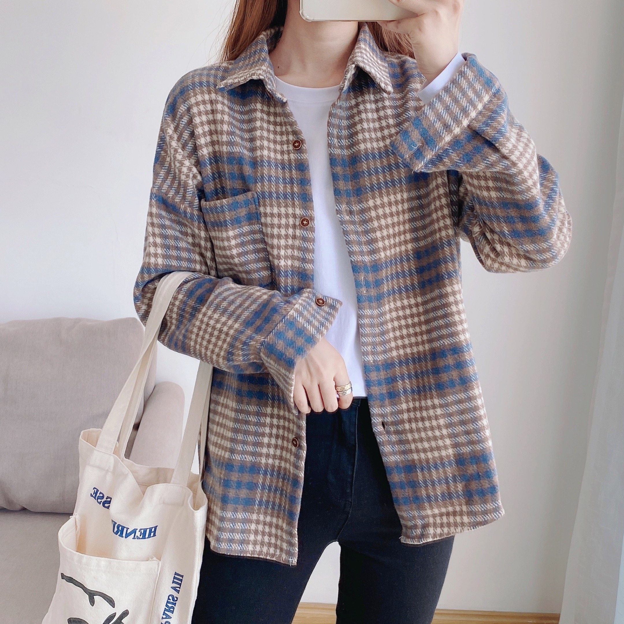磨毛格子2020秋冬毛呢外套外穿衬衫 韩简娜衬衫
