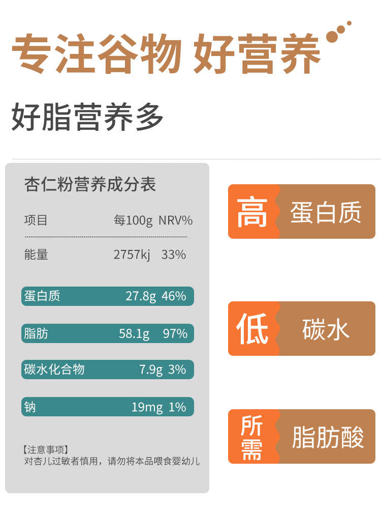 生酮饮食500g袋装杏仁粉纯熟杏仁粉马卡龙烘焙原料早餐冲泡代餐