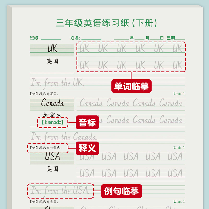 三年级上册英语字帖人教版下册课本同步小学生硬笔书法写字练习专用儿童临摹每日一练钢笔单词描红本26个英文字母四五六年级练字本