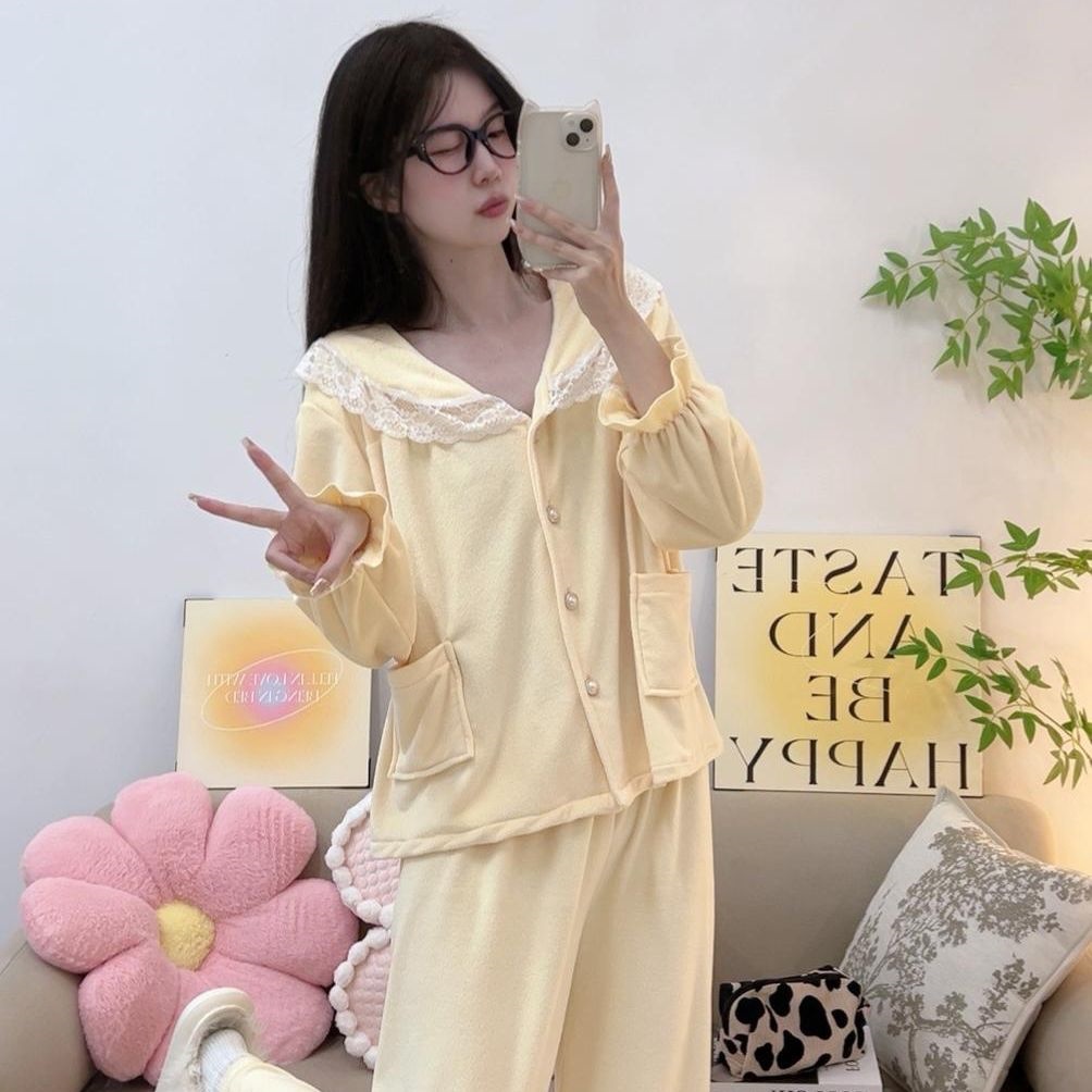 2025新款睡衣女秋冬娃娃领海岛绒女士睡衣套装简约款双面绒家居服 - 图1
